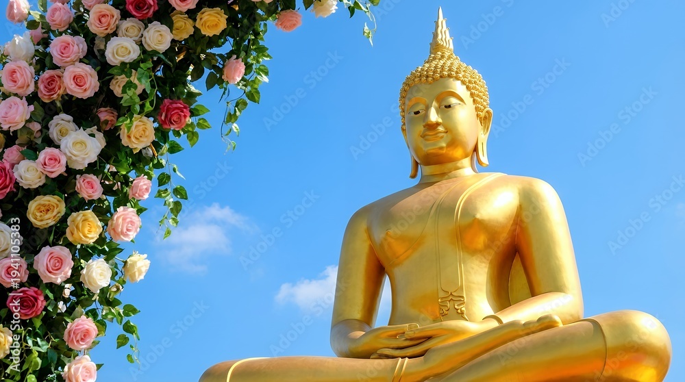 Obraz premium A serene golden Buddha statue sits in meditation posture adorned with a vibrant arch of pink white and yellow roses against a clear blue sky yoga spirituality religion Buddhism
