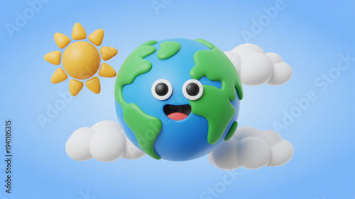 Happy earth with smiling face and big eyes floating on clouds under sunny blue sky