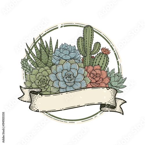 Succulent plant arrangement with ribbon banner in distressed circle frame