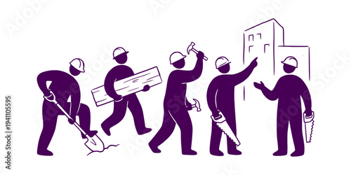 Construction workers building a new structure, teamwork and progress.