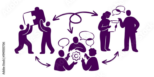 Teamwork and collaboration concept with people solving puzzles and communicating.