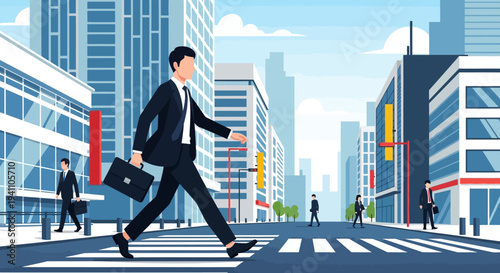 Businessman crossing city street on crosswalk, modern buildings background, urban commute