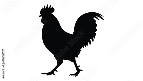 A black silhouette of a rooster walking