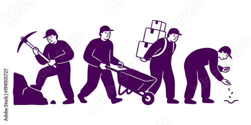 Workers performing various tasks - mining, transporting, carrying, and planting.