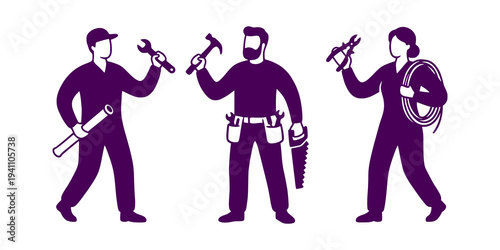 Three skilled workers with tools and equipment ready for various tasks.