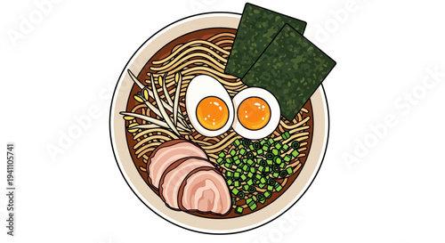 Delicious Ramen Bowl Top View: Noodles, Egg, Pork, and Seaweed