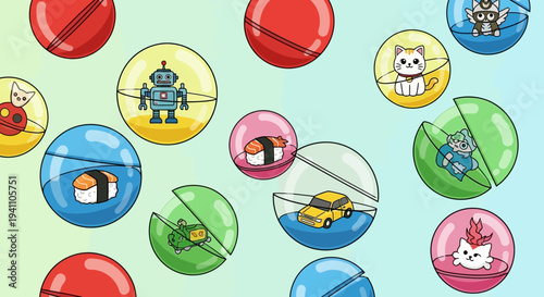 Cute Gachapon Toys: Robot, Sushi, Car, Cat, Frog, Bird - Capsule Collection