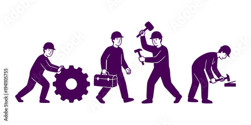 Workers in various stages of construction and repair with tools and gear.