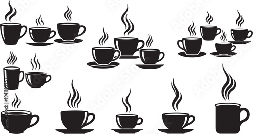 Black coffee cups with steam on white background illustration