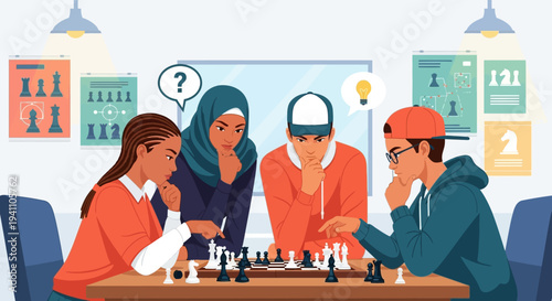 Diverse teens playing chess, strategizing, learning, and thinking in a classroom setting