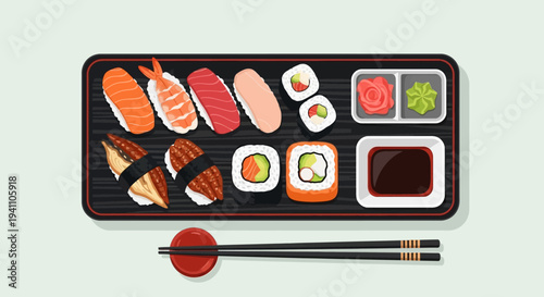 Sushi Platter Assortment: Nigiri, Maki Rolls, Soy Sauce, Chopsticks