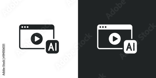 Video player interface icon with artificial intelligence badge for automated content creation and digital media. Filled single symbol. Flat style sign. Solid glyph vector illustration