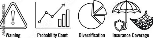 A set of black and white line icons represents financial concepts including risk warning, growth charts, and insurance coverage.