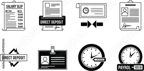 A collection of monochrome icons depicts various employment and payroll administrative documents, including salary slips and direct deposit forms.