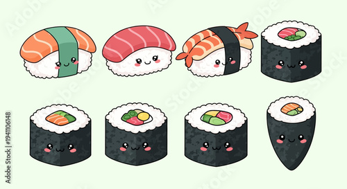 Cute Kawaii Sushi Set: Salmon, Shrimp, Tuna Nigiri & Maki Rolls