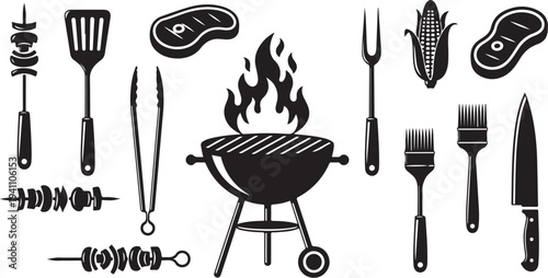 Black and white illustration of barbecue grill and utensils