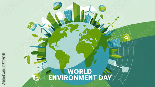 World environment day illustration with green globe and eco friendly cityscape