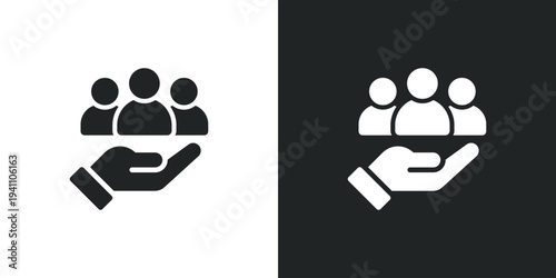 Hand holding group of people icon. Human resources support community care and teamwork protection. Filled single symbol. Flat style sign. Solid glyph vector illustration