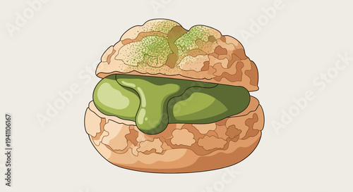 Delicious Matcha Cream Puff with Green Filling and Powdered Topping