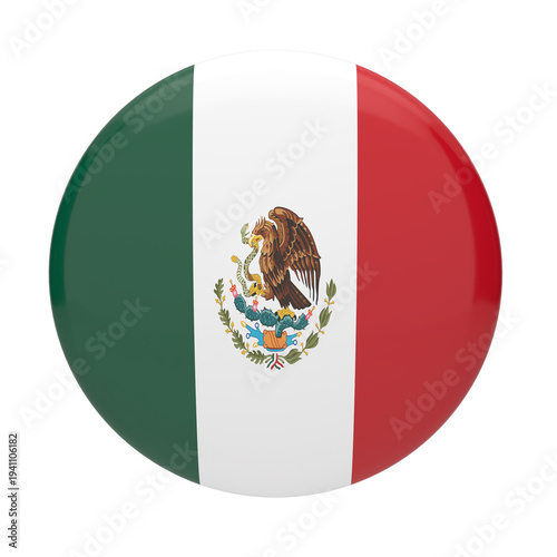 Mexico flag button icon with national coat of arms symbol on white background