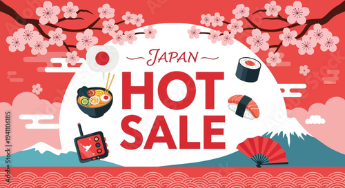 Japan Hot Sale Banner with Cherry Blossoms, Sushi, Ramen, and Mt. Fuji
