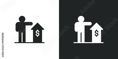 Person pointing to upward arrow icon with dollar sign. Financial growth and business profit success. Filled single symbol. Solid glyph vector illustration