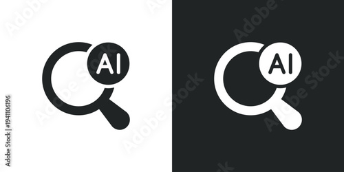 Magnifying glass search icon with artificial intelligence symbol for smart data analysis and discovery. Flat style sign. Solid glyph vector illustration