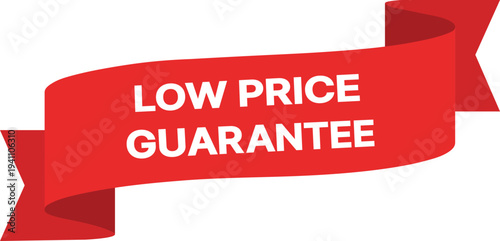 Red ribbon banner with white text low price guarantee sale