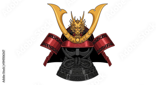 Samurai Helmet Dragon Crest Red Black Gold Warrior Armor Bushido Icon