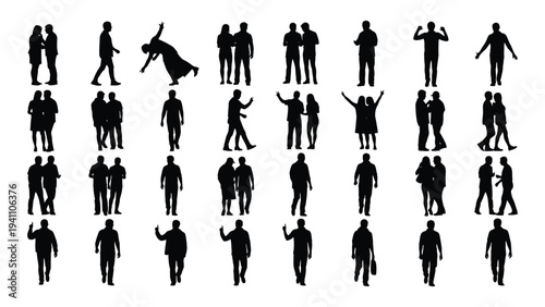 A collection of black silhouettes of people in various poses