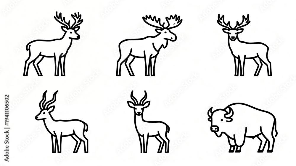 Fototapeta premium Forest wildlife icon set featuring moose and deer in elegant outline style for nature, hunting, conservation and educational projects.