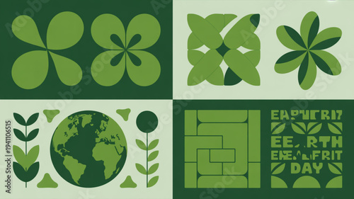 Earth day illustrations with green floral patterns and globe on light background