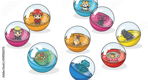 Collection of cute capsule toys with various characters and objects inside clear balls