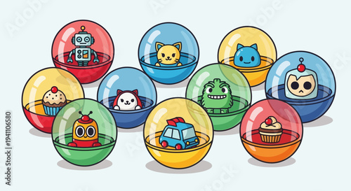 Cute Kawaii Toys in Clear Spheres: Robots, Animals, Cupcakes, Car