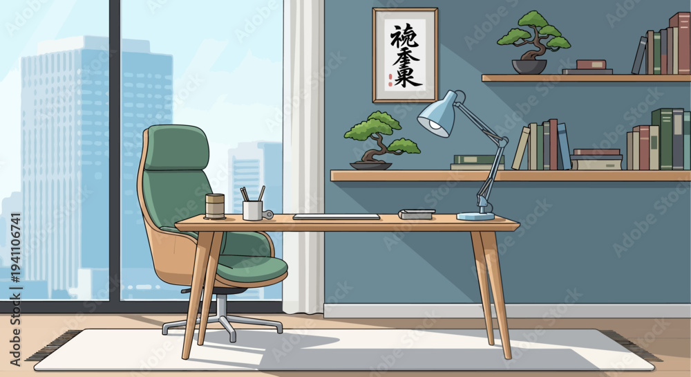 Fototapeta premium Modern Home Office with Bonsai Trees and City View