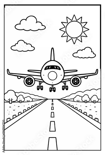 Airplane landing approach video footage nearing runway with detailed landing gear moving towards horizon on white background. on white background