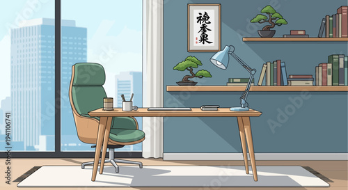 Modern Home Office with Bonsai Trees and City View