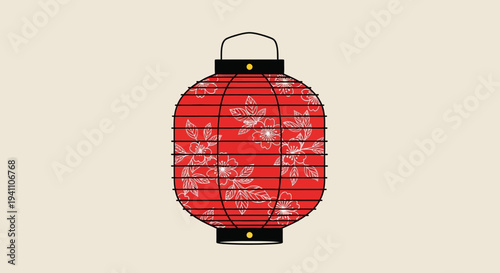 Red Japanese Lantern with Floral Pattern, Traditional Asian Decoration