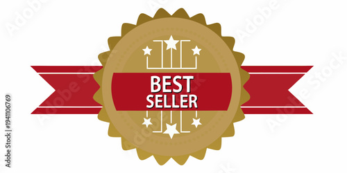 A golden best seller award ribbon with stars and a red banner