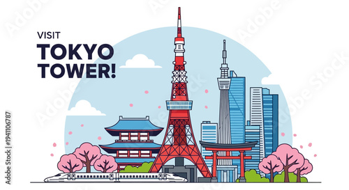 Tokyo Tower Landmark with Bullet Train and Cherry Blossoms, Japan Travel Icon