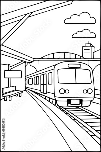 Moving passenger train arriving at a bustling modern urban railway station platform, with a simple cityscape and clouds in the background, outline style video on white background. on white background