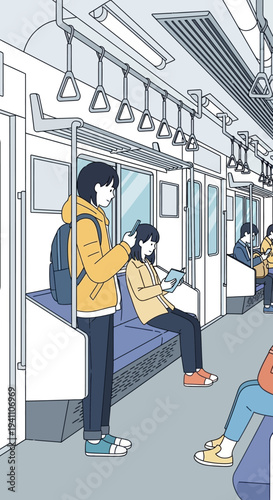 Commuters traveling by subway, people reading and looking at phones on public transport