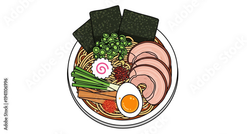 Delicious Ramen Bowl Illustration: Noodles, Pork, Egg, and Seaweed