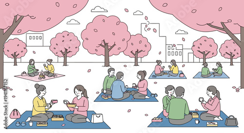 People enjoying cherry blossom season picnic under blooming sakura trees in park