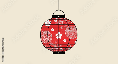 Red Japanese Paper Lantern with Floral Pattern Hanging