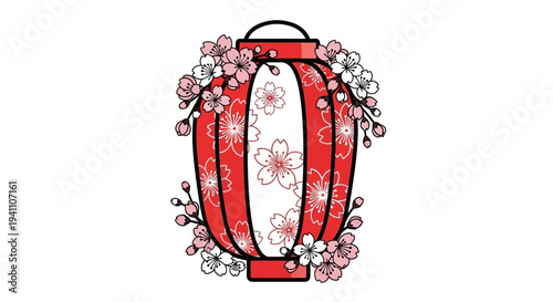 Red Japanese Lantern with Cherry Blossoms, Traditional Asian Decoration