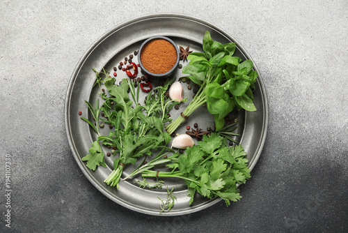 Composition with tray, herb...