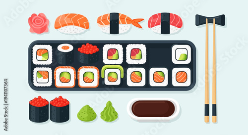 Assortment of Sushi and Maki Rolls on a Platter with Chopsticks and Wasabi