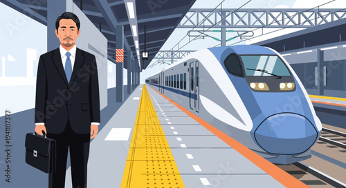 Businessman waiting for high-speed train at modern station platform