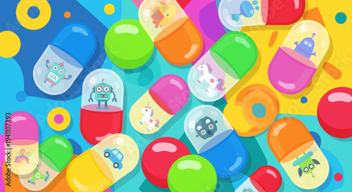 Colorful Capsules with Toys Inside, Fun Childhood Concept, Playful Design